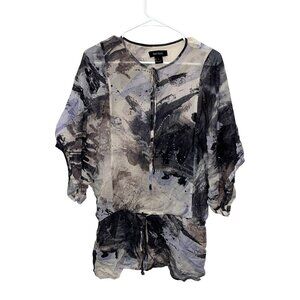 Karen Kane Womens Abstract Print Sheer Tunic Top S Black/Gray